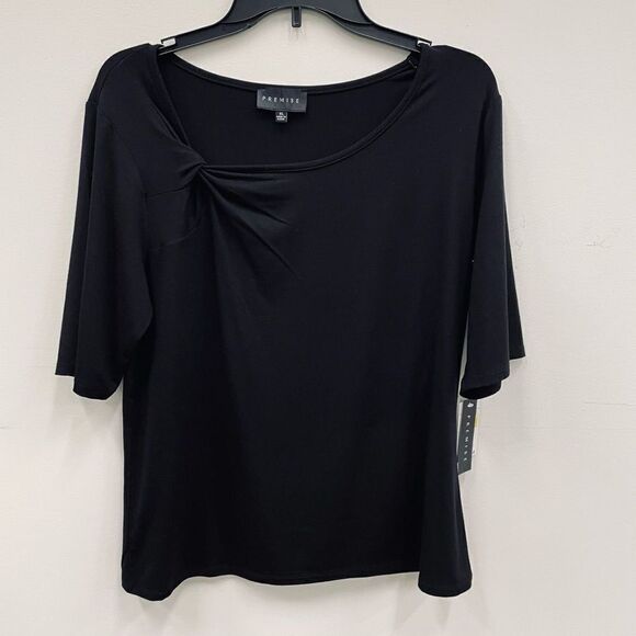 NWT Premise XL Black Short Sleeve V-Twist Neck Drape Front Top - Picture 5 of 12